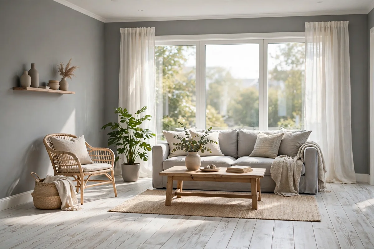 Room with grey walls and whitewashed wood floors, bright and airy