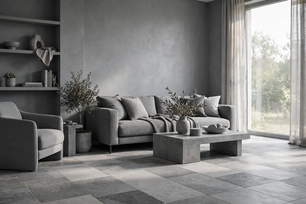 Modern room with grey walls and tonal grey floors, monochrome