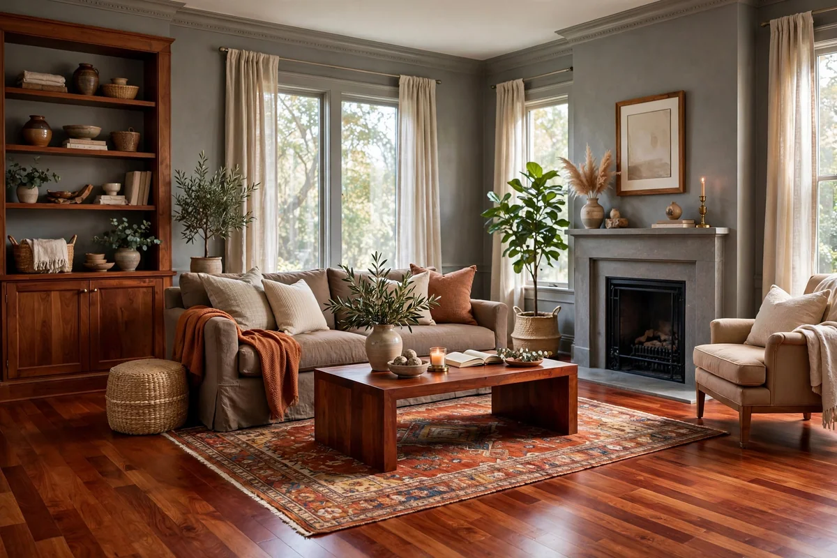Living room with grey walls and warm cherry wood floors, rich