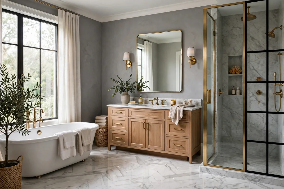 Elegant bathroom with grey walls and white marble floors, luxurious