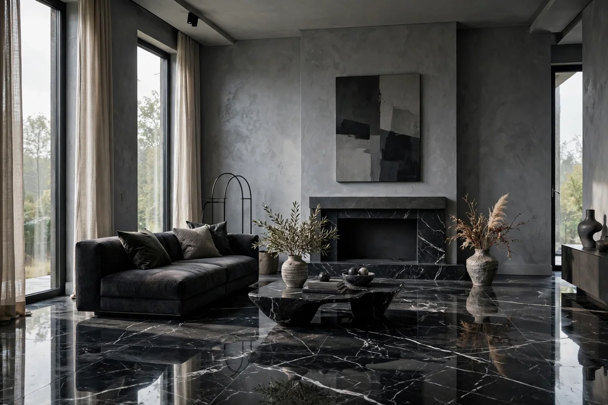 Dramatic room with grey walls and black marble floors, bold