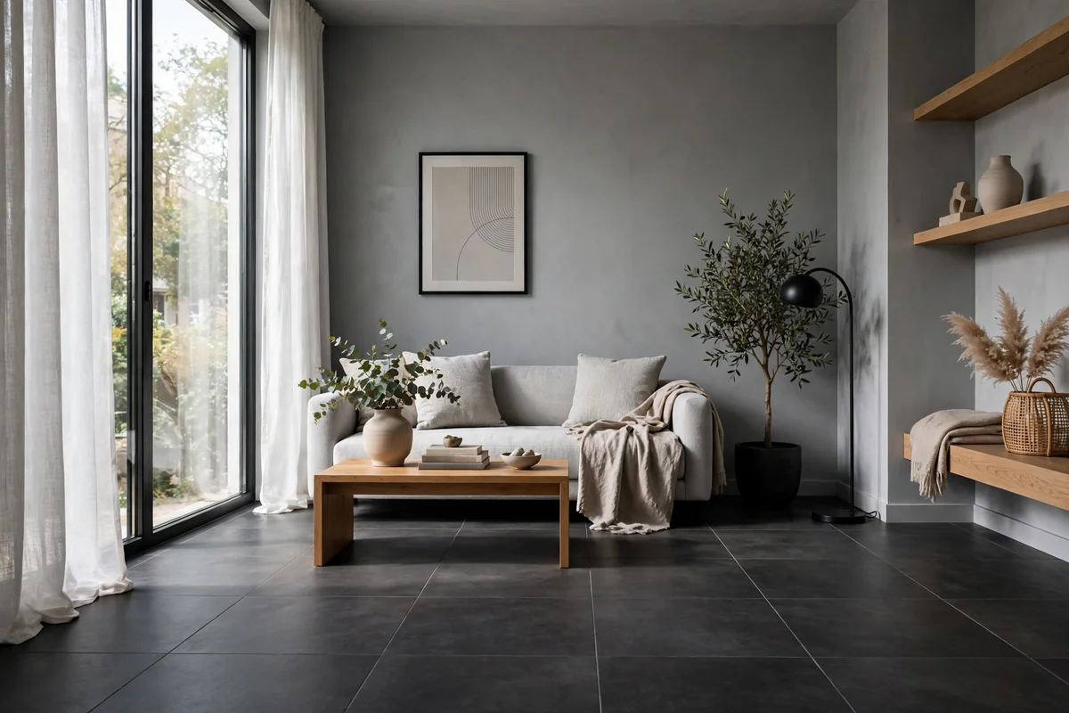 Modern room with grey walls and dark charcoal tile floors