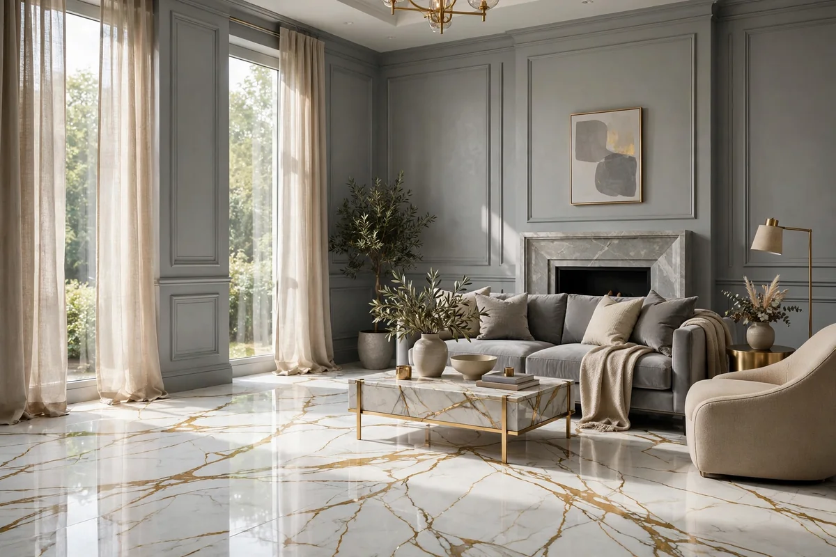Luxurious room with grey walls and gold-veined white marble floors