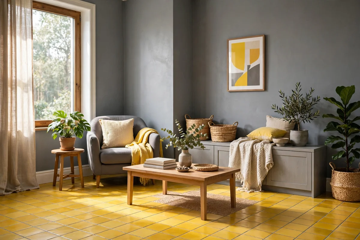 Cheerful room with grey walls and sunny yellow tile floors, bold
