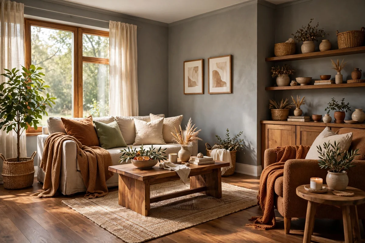 Living room with grey walls and caramel brown wood floors, warm