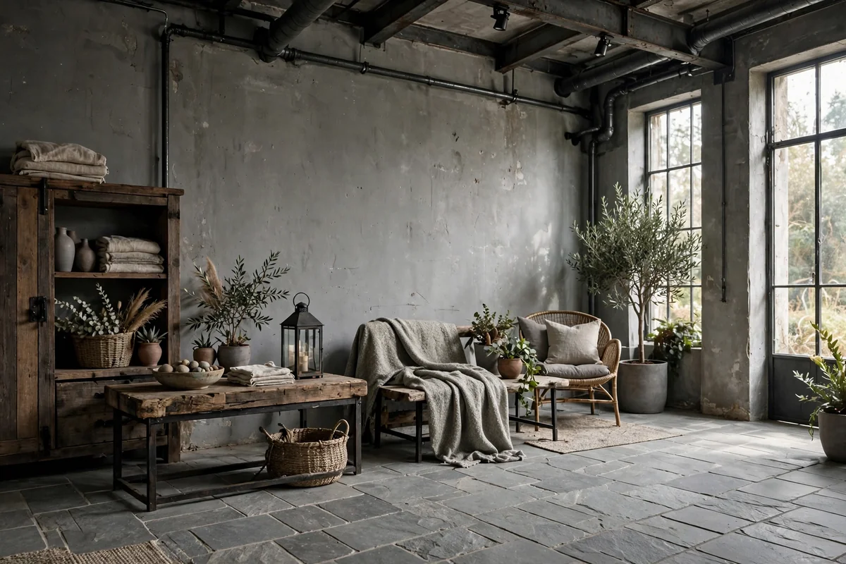 Room with grey walls and grey stone tile floors, industrial rustic