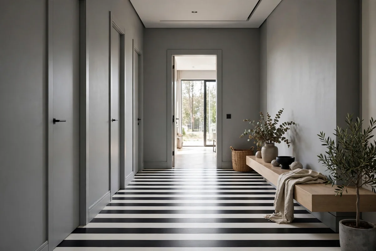 Hallway with grey walls and bold black and white striped floors, modern