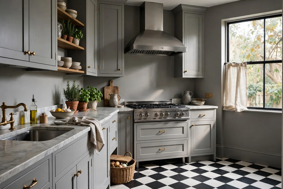 Kitchen with grey walls and classic black and white checkerboard tile floors