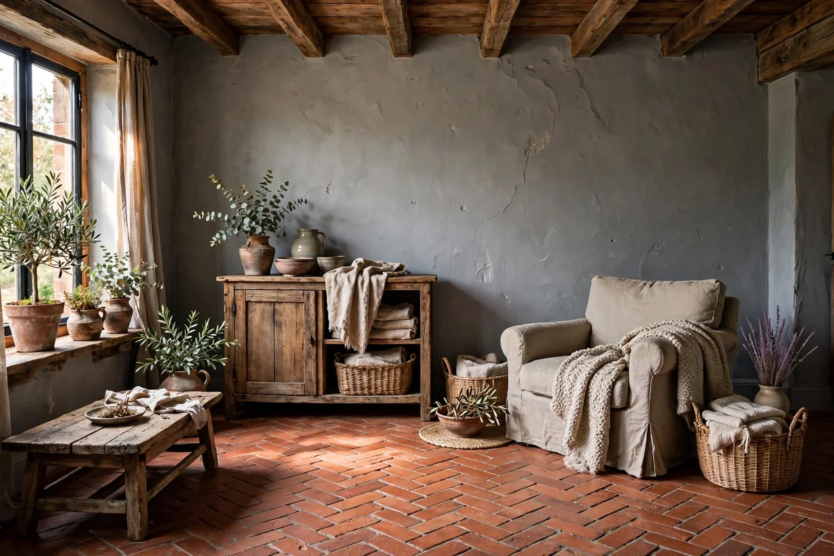 Room with grey walls and warm terracotta red brick floors, rustic