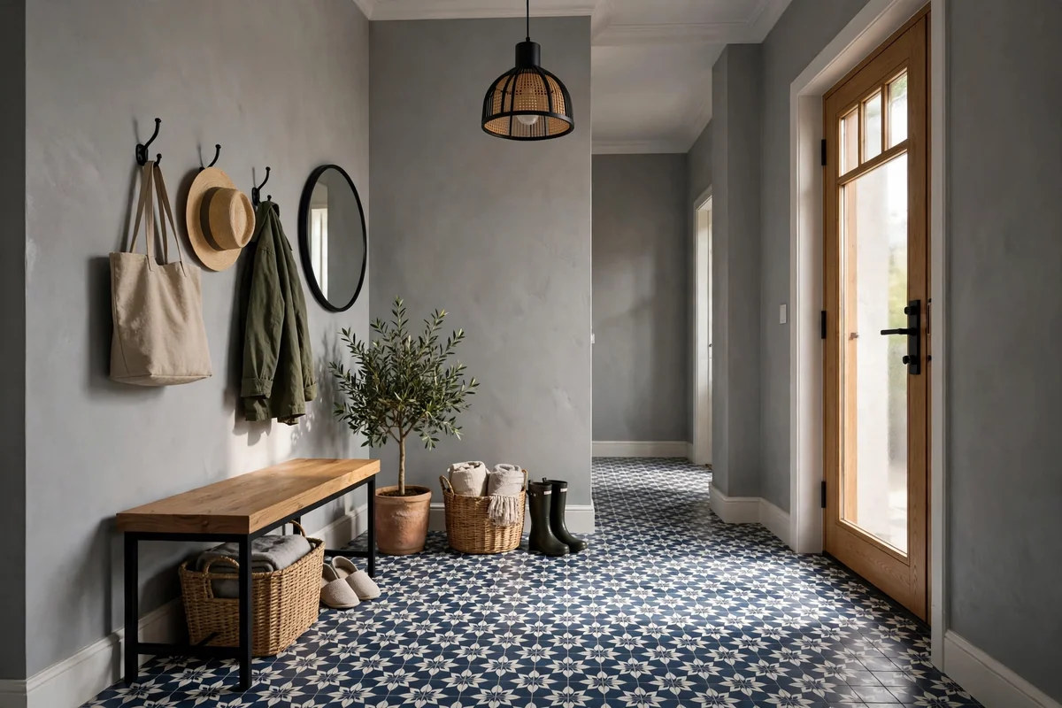 Entryway with grey walls and navy blue and white patterned tile floors