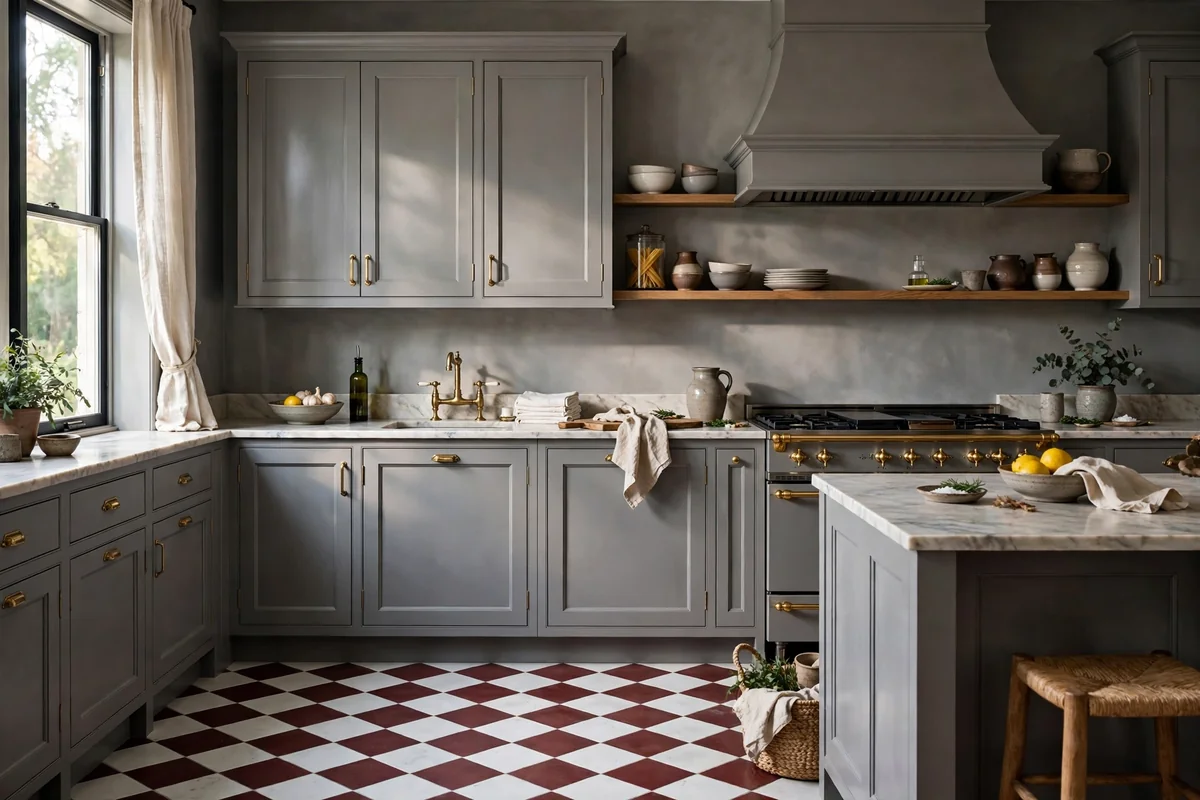 Kitchen with grey walls and burgundy and white tile floors, rich