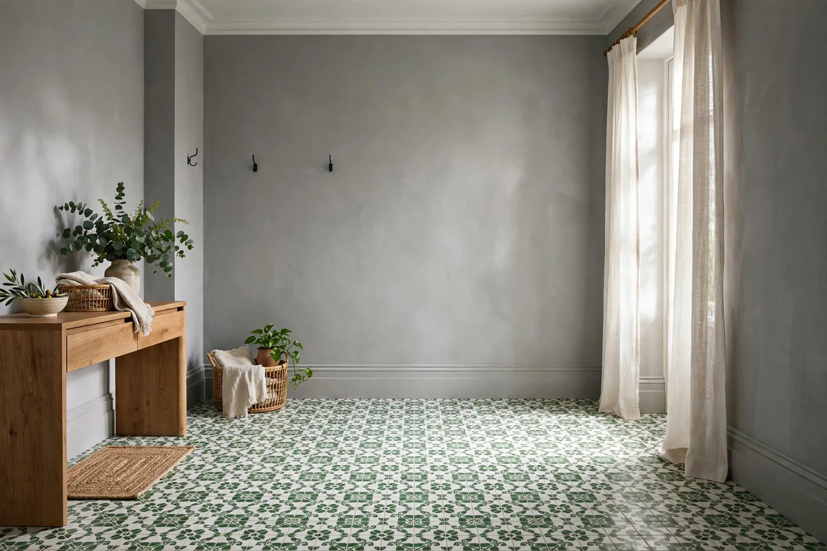 Room with grey walls and green and white patterned tile floors, fresh