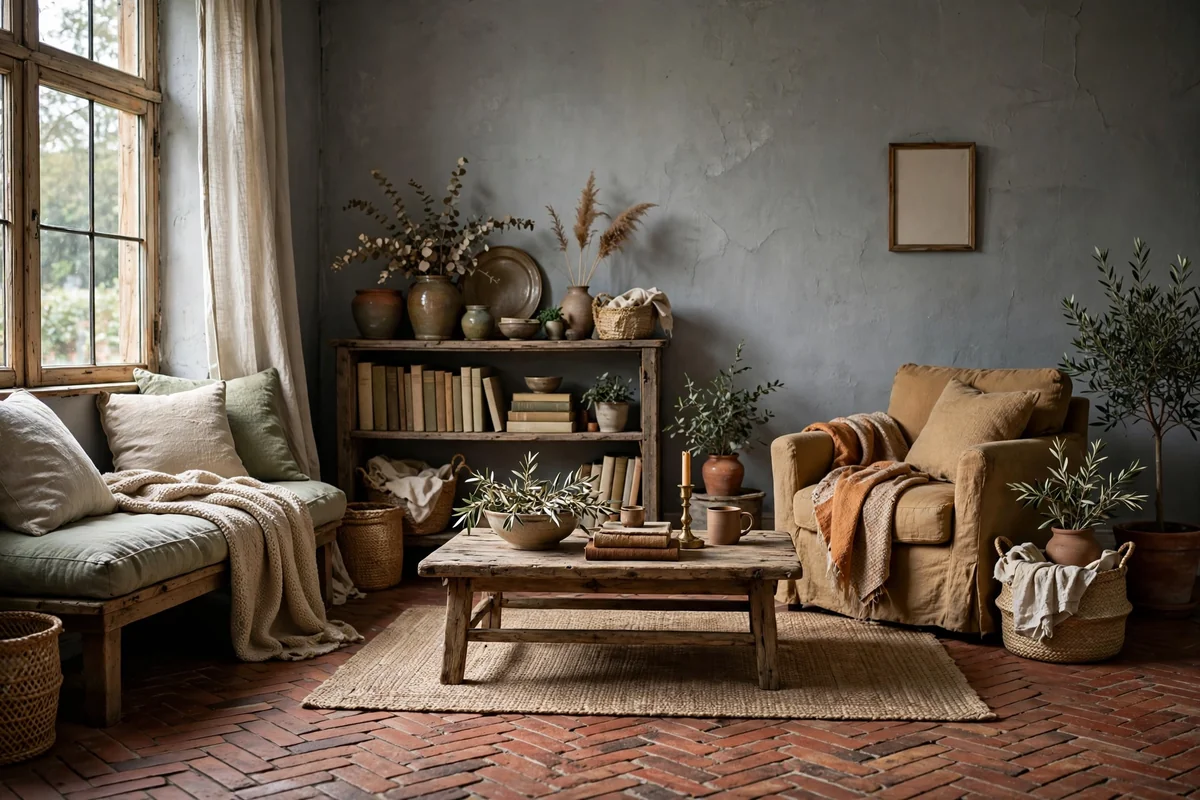 Room with grey walls and warm red brick floors, characterful