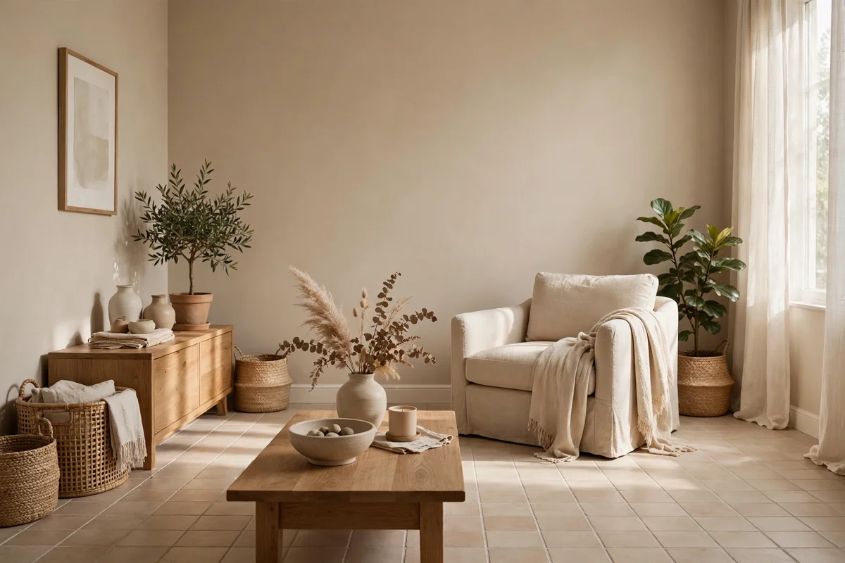 Room with warm greige walls and soft beige tile floors, serene