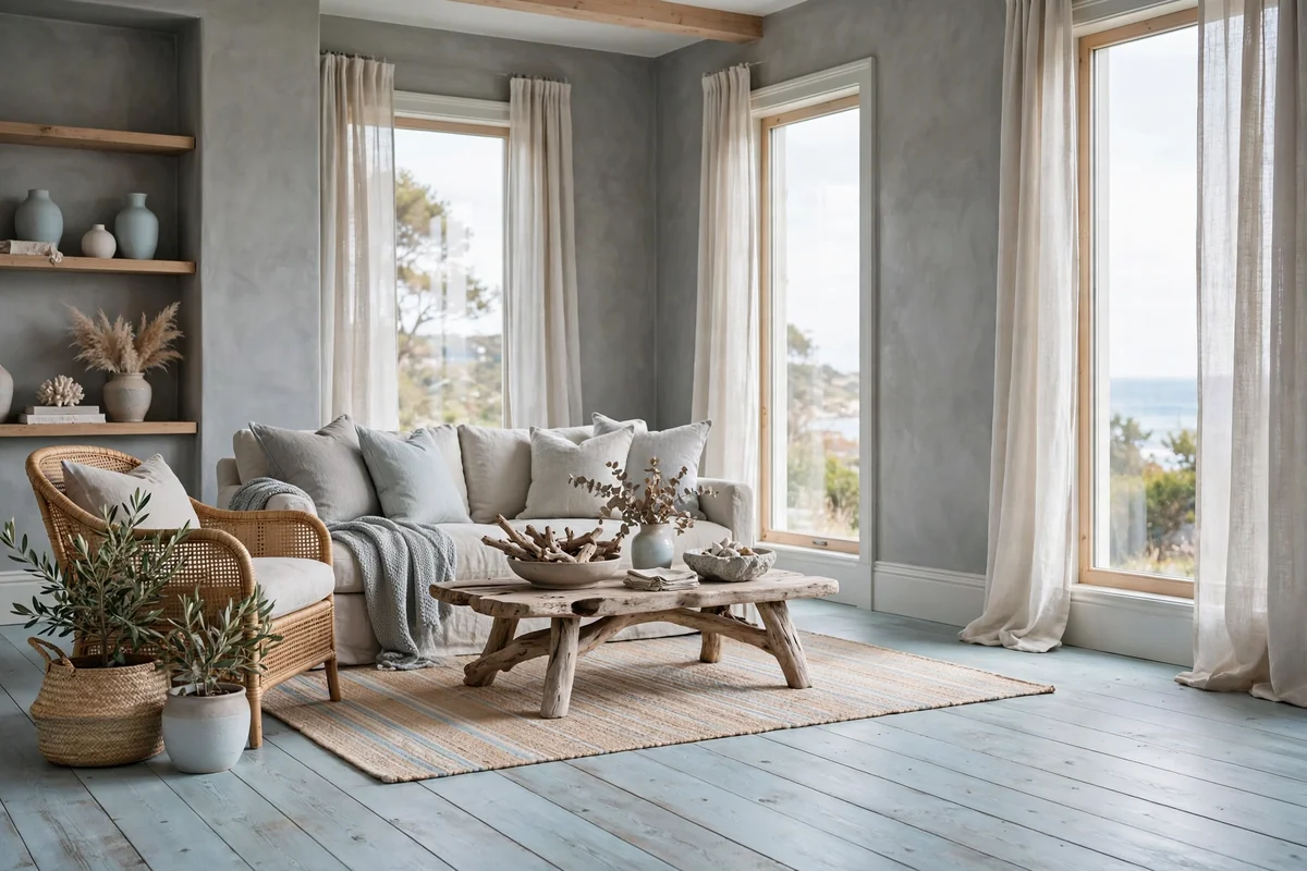 Room with grey walls and pale blue washed wood floors, coastal