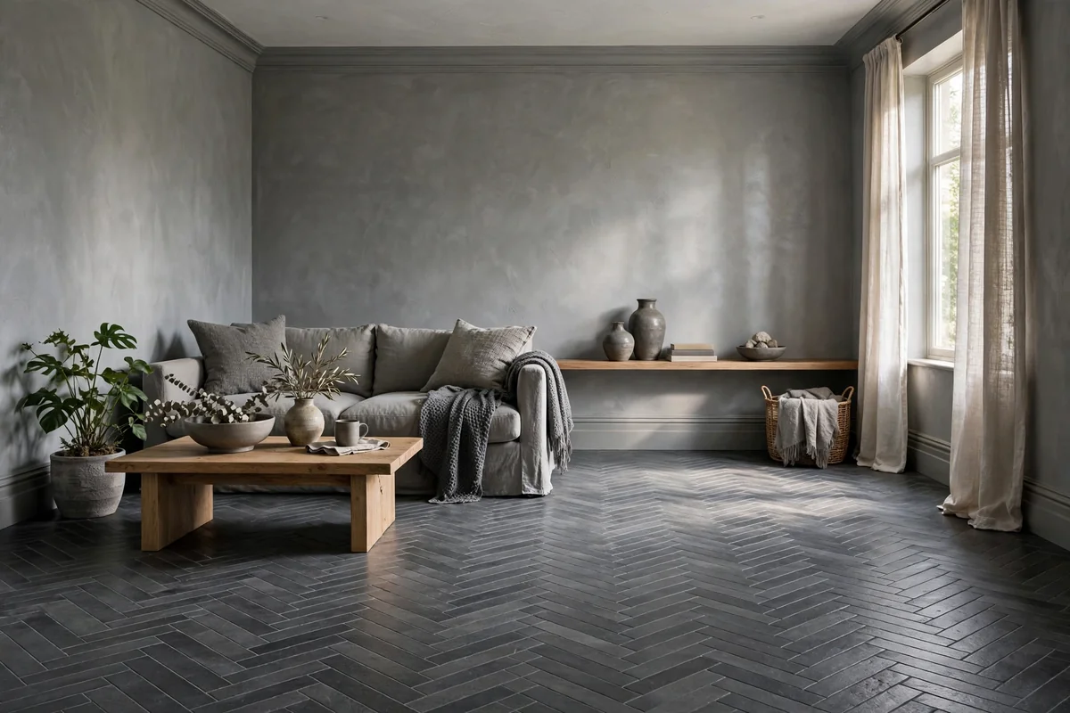 Room with grey walls and coal grey herringbone tile floors, textured