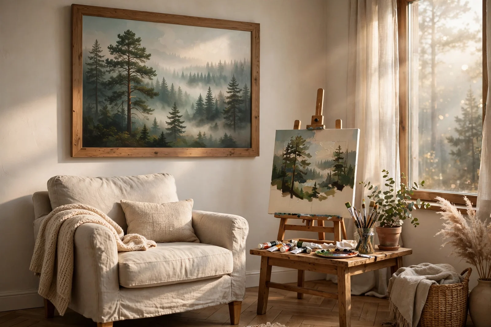 Misty pine forest painting in a serene living room with easel and paints
