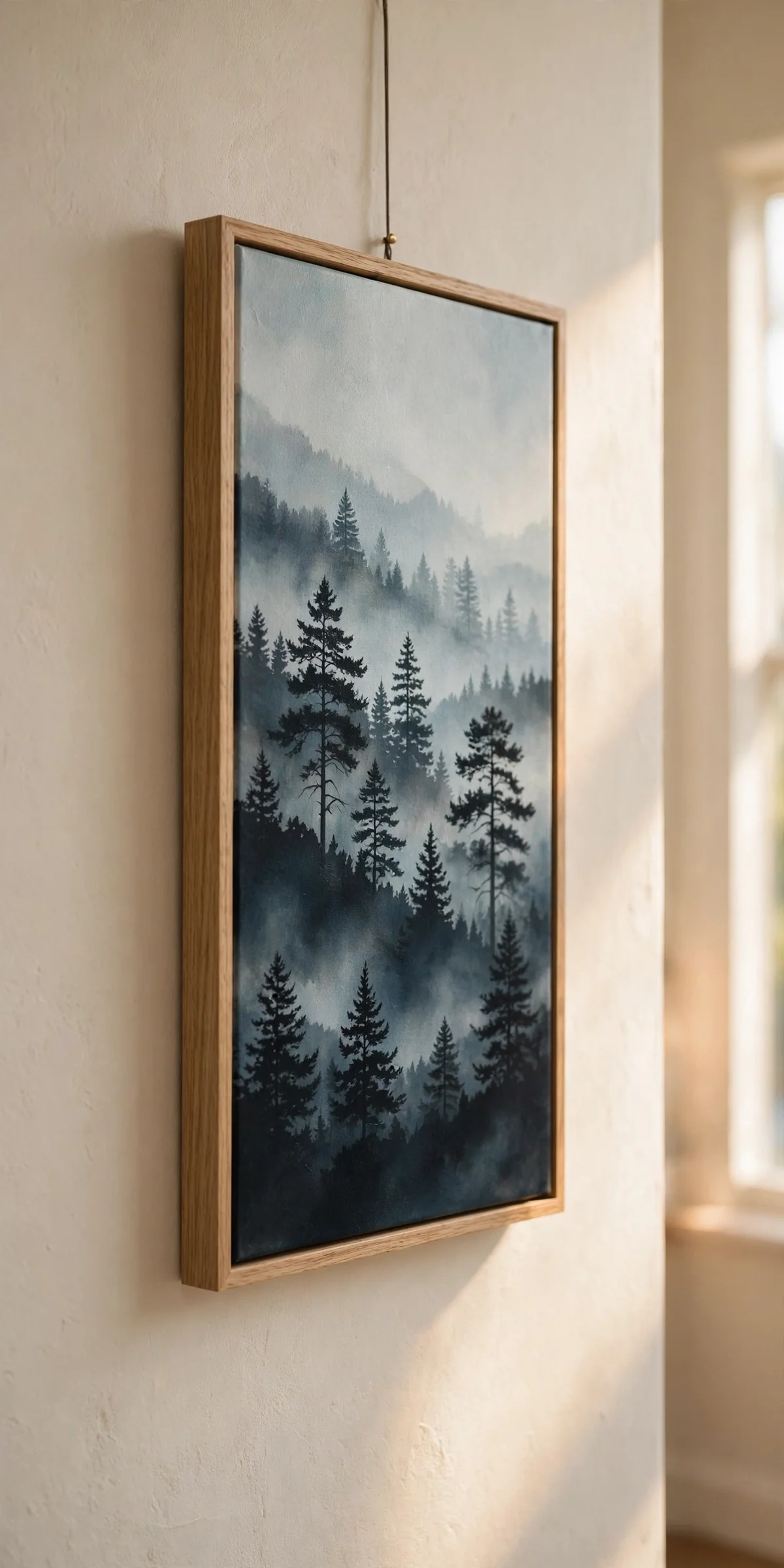 Misty pine forest painting on a slim canvas in a cream hallway