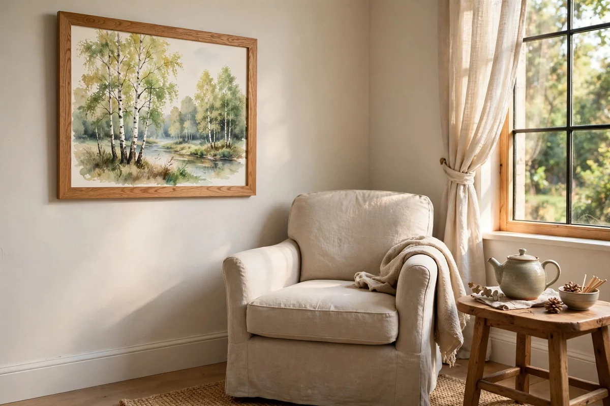 Watercolour birch grove in oak frame beside a reading chair