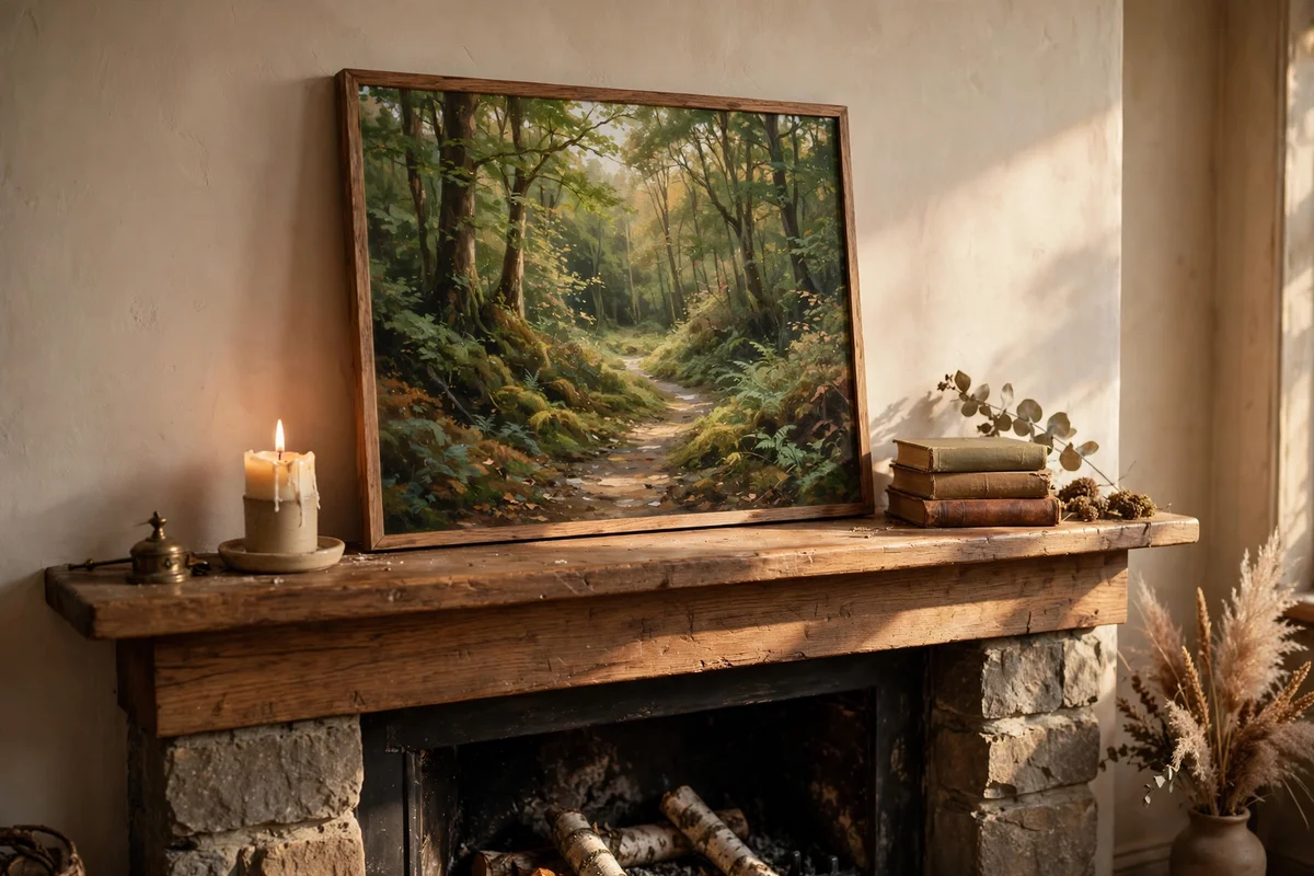 Woodland path painting leaning on a styled fireplace mantel
