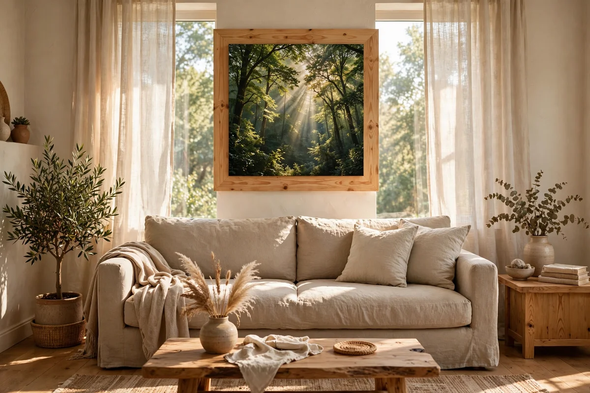 Canopy light shaft painting above a linen sofa