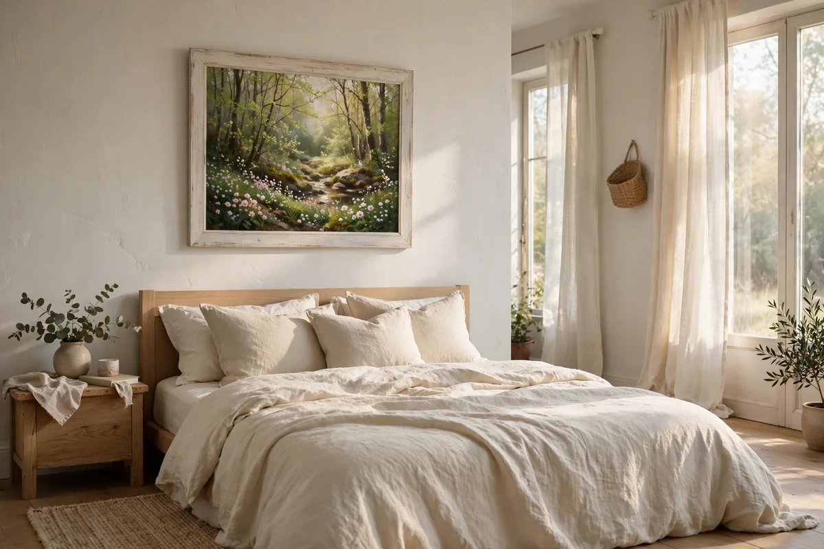 Spring forest glade painting facing a calm bed