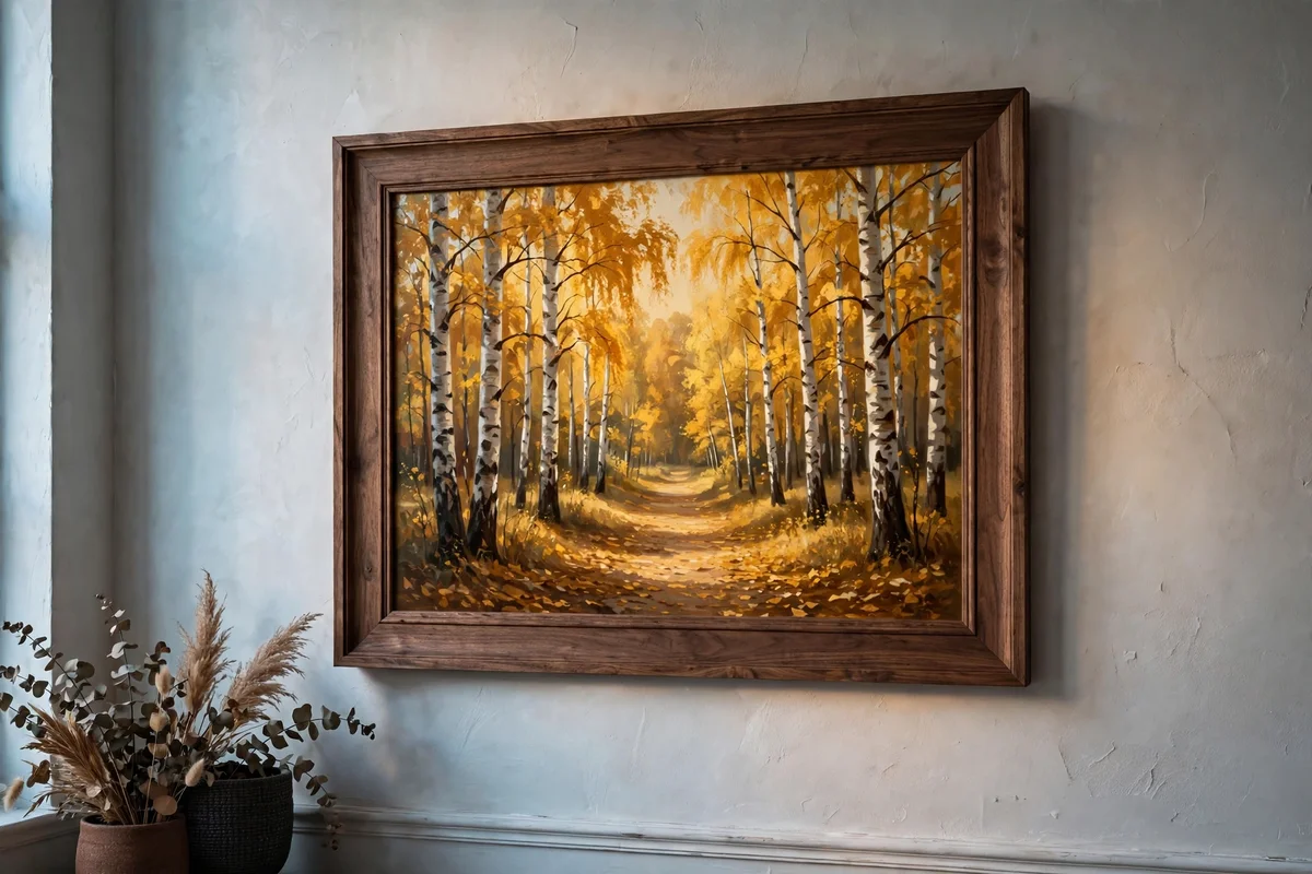 Golden autumn birch aisle painting in walnut frame
