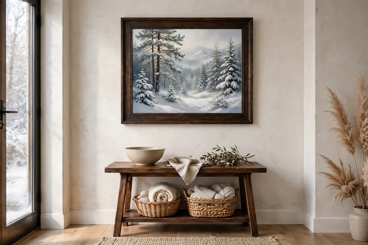 Snowy winter pinescape above an entryway console