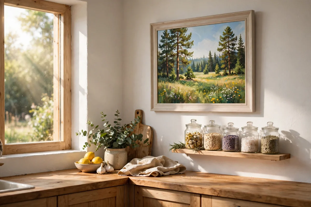 Summer meadow and pine painting in a sunny kitchen