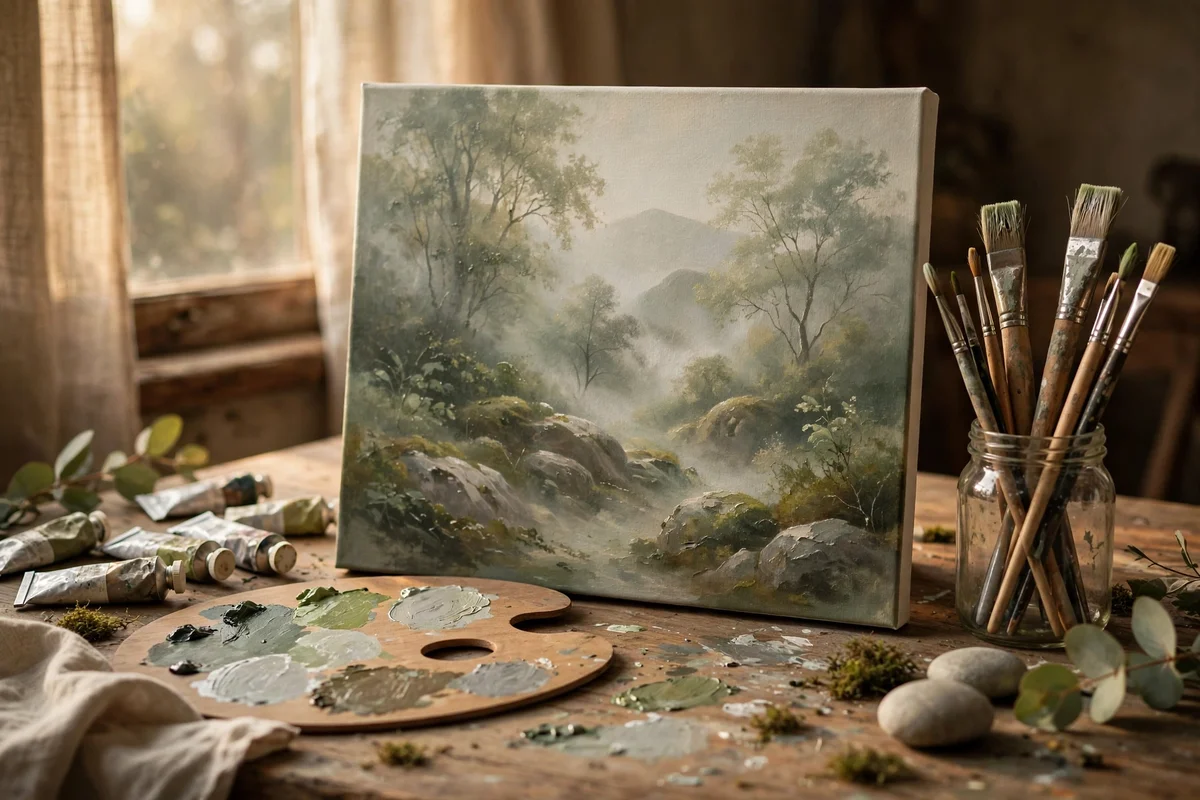 Beginner forest canvas with a four colour palette on a table