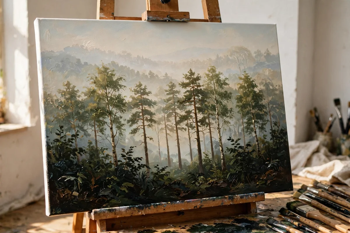 Three layer forest depth painting on an easel