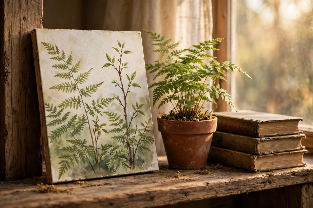 Small fern and sapling painting on a wooden shelf