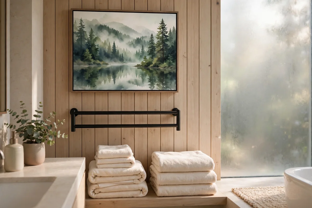 Misty forest reflection painting in a calm bathroom