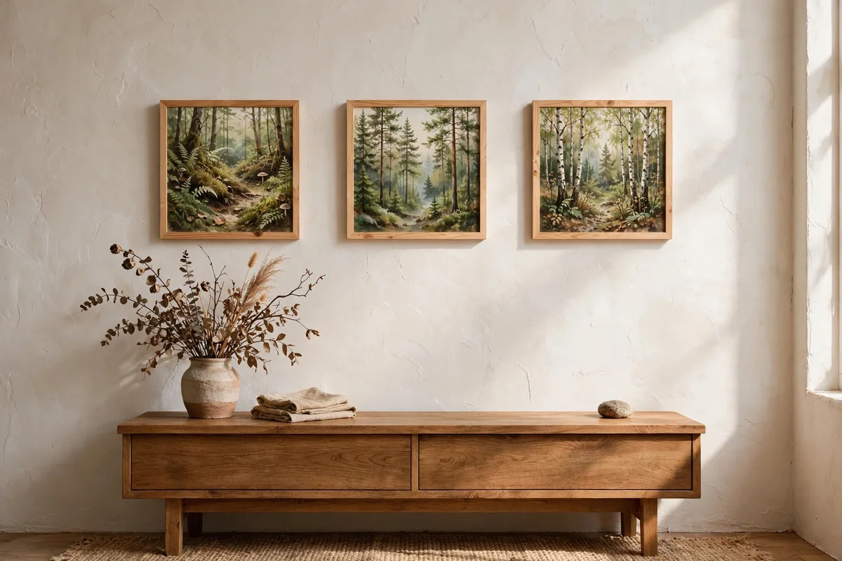 Three small forest studies in pine frames above a console