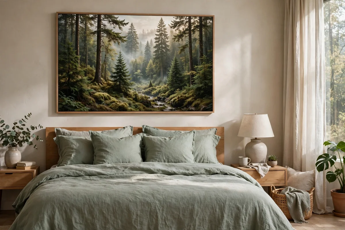 Large panoramic forest canvas above a bed