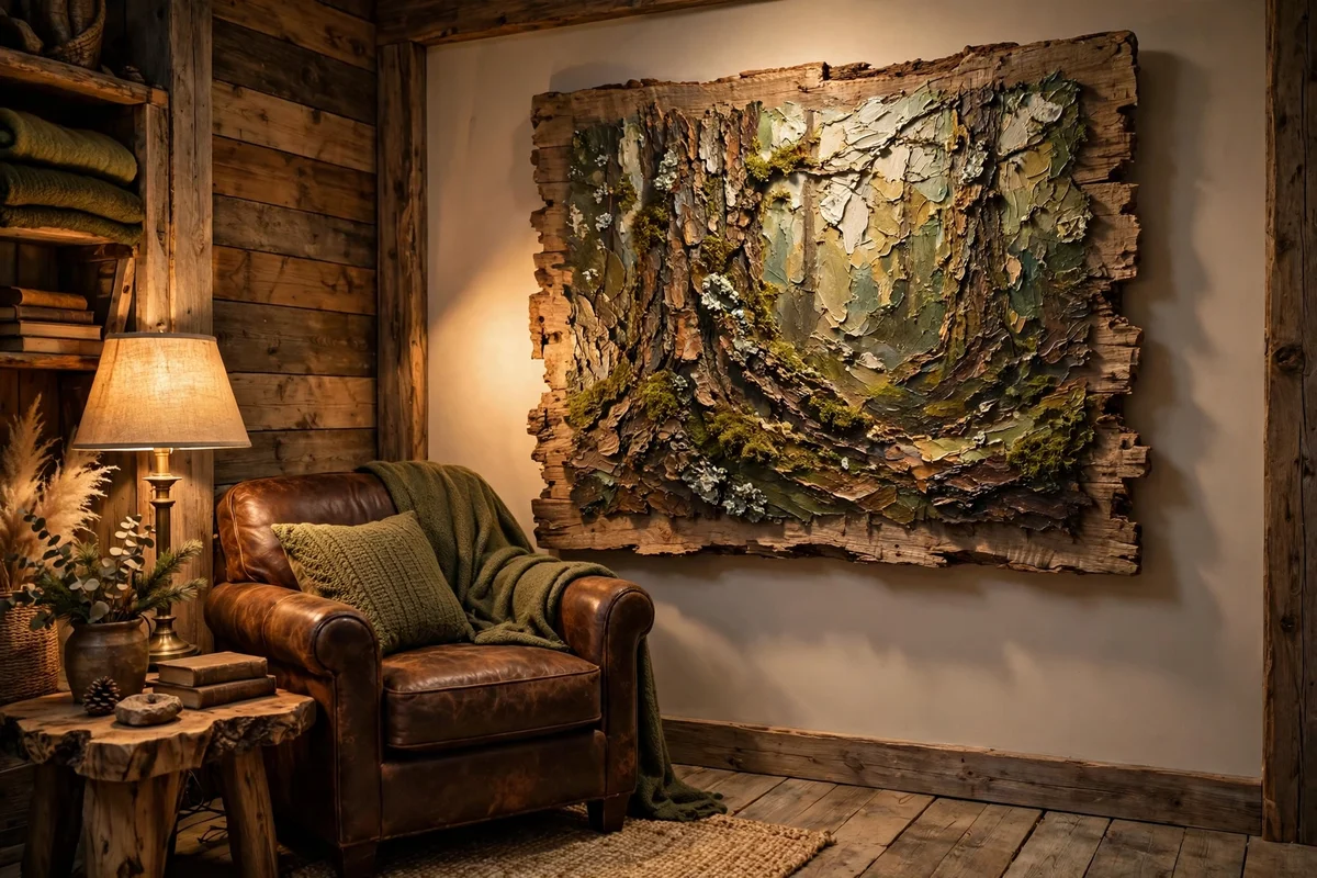 Textured bark painting in a rustic den