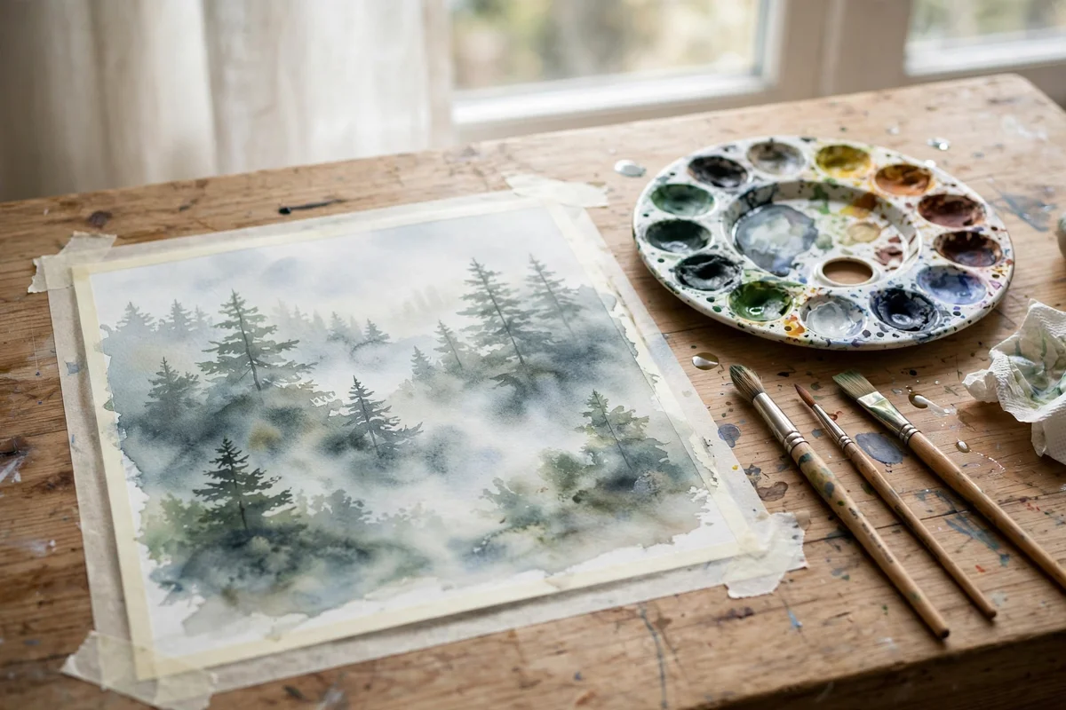 Wet on wet watercolour fog forest on a table