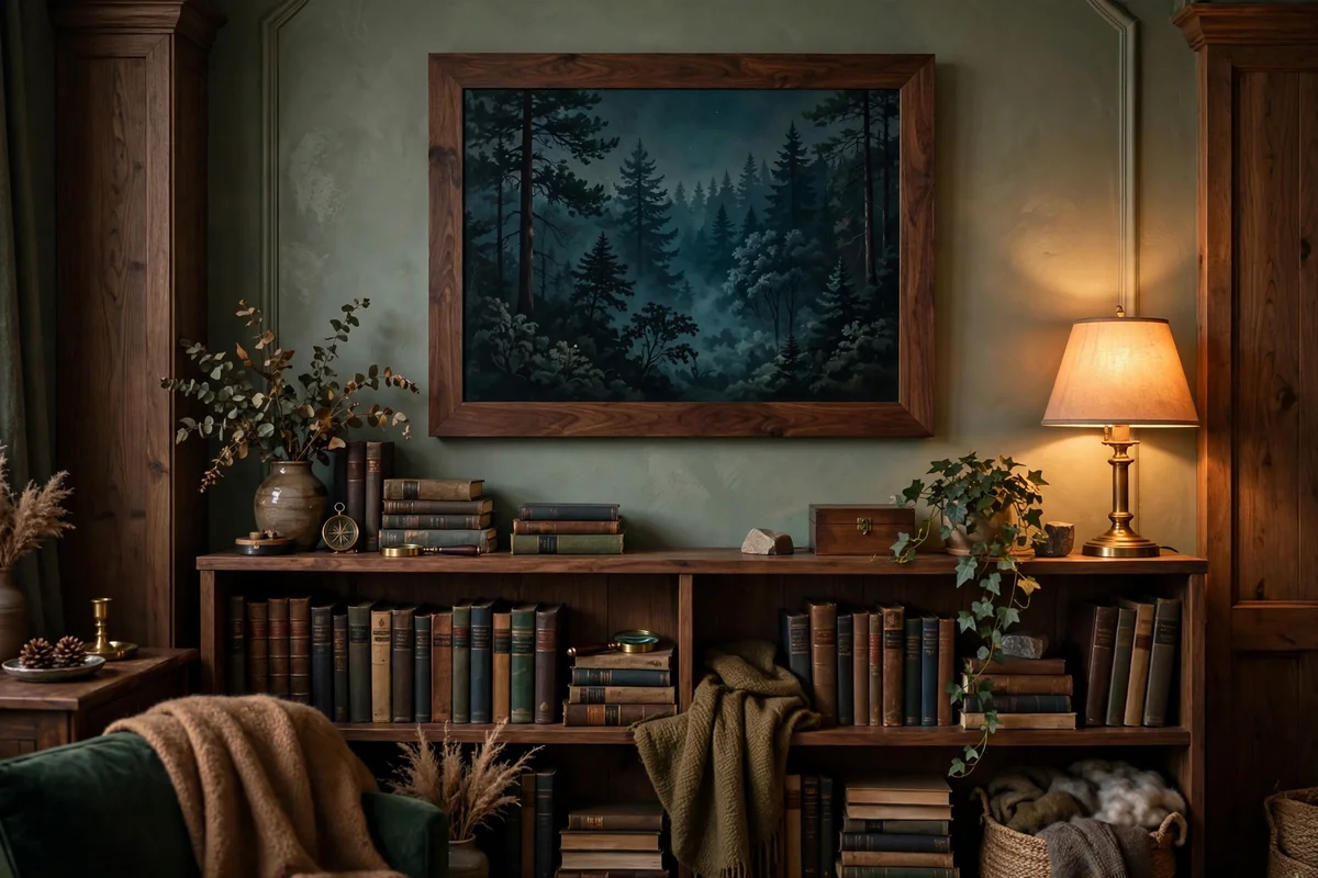 Night forest painting above a library bookshelf