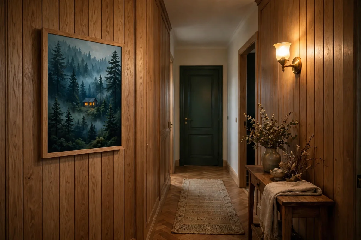 Cool forest painting with a glowing distant cabin