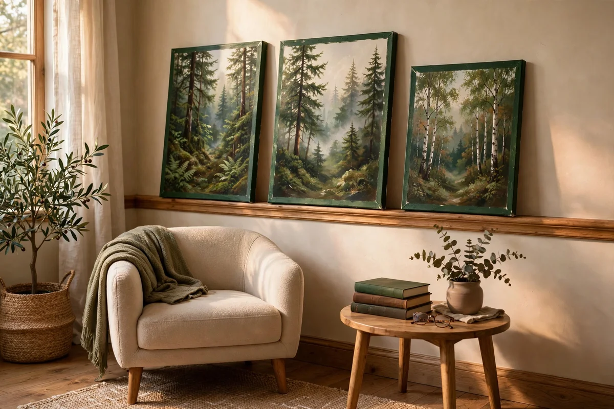 Unframed forest canvases on a picture rail in a nook