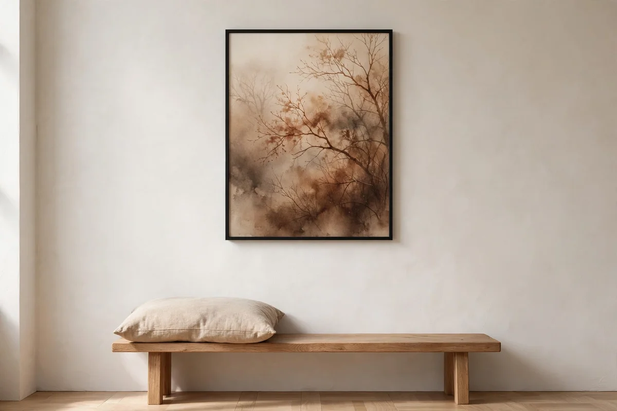Sienna winter branches in fog above a low bench