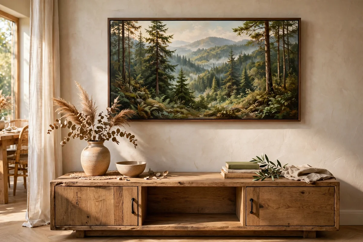 Long forest panorama above a low sideboard