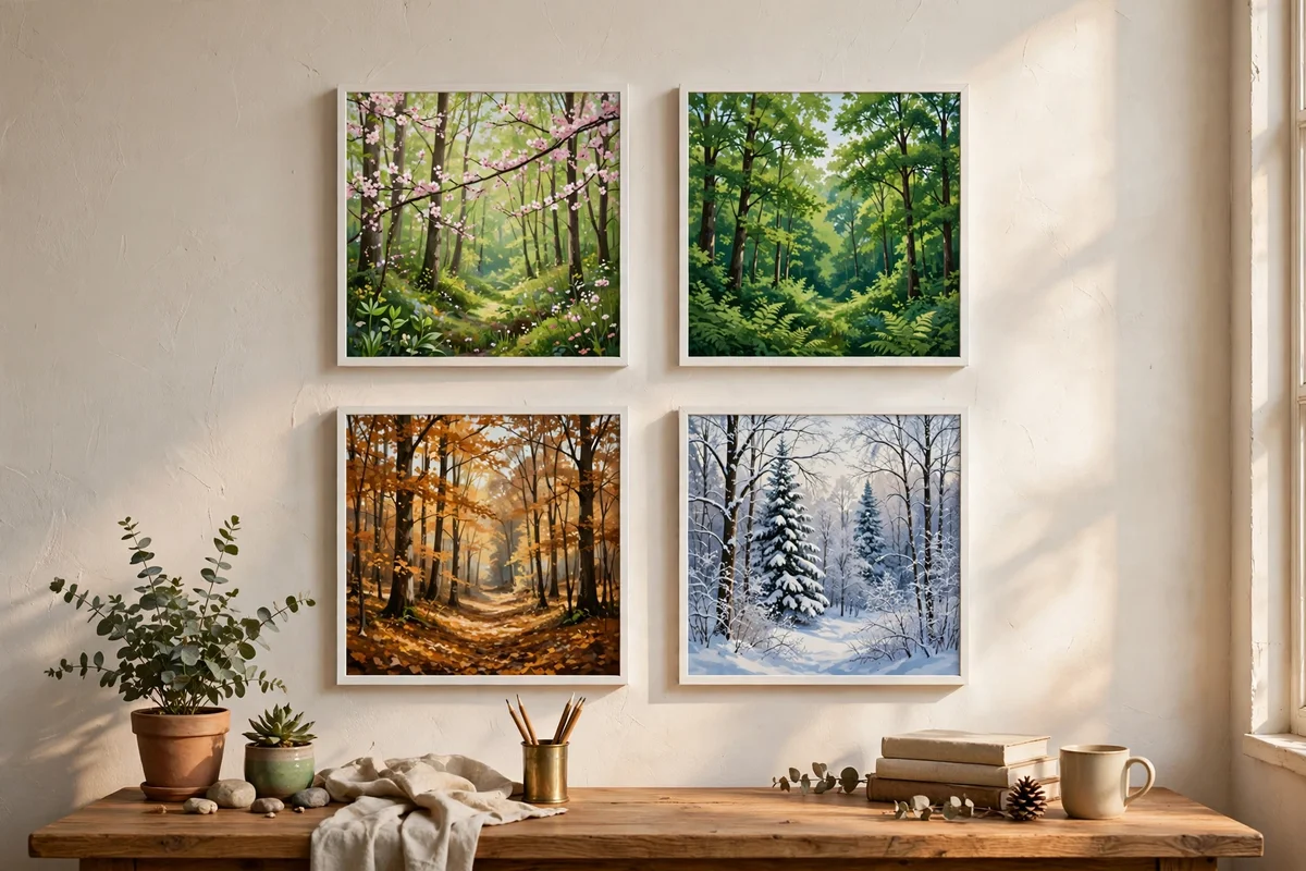 Four seasonal forest paintings in a grid above a desk