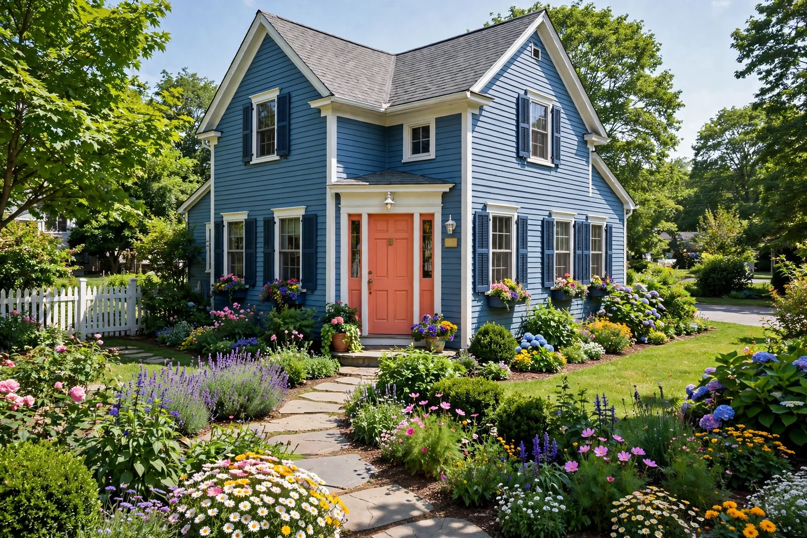 Charming blue clapboard house with a welcoming colorful front door and neat garden path in sunlight