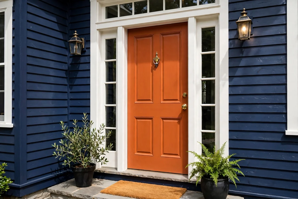 Navy blue house with a burnt orange front door and white trim, closeup of the entrance