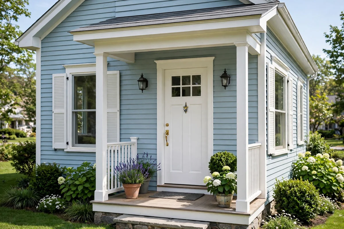 Light blue house with a crisp classic white front door and neat porch
