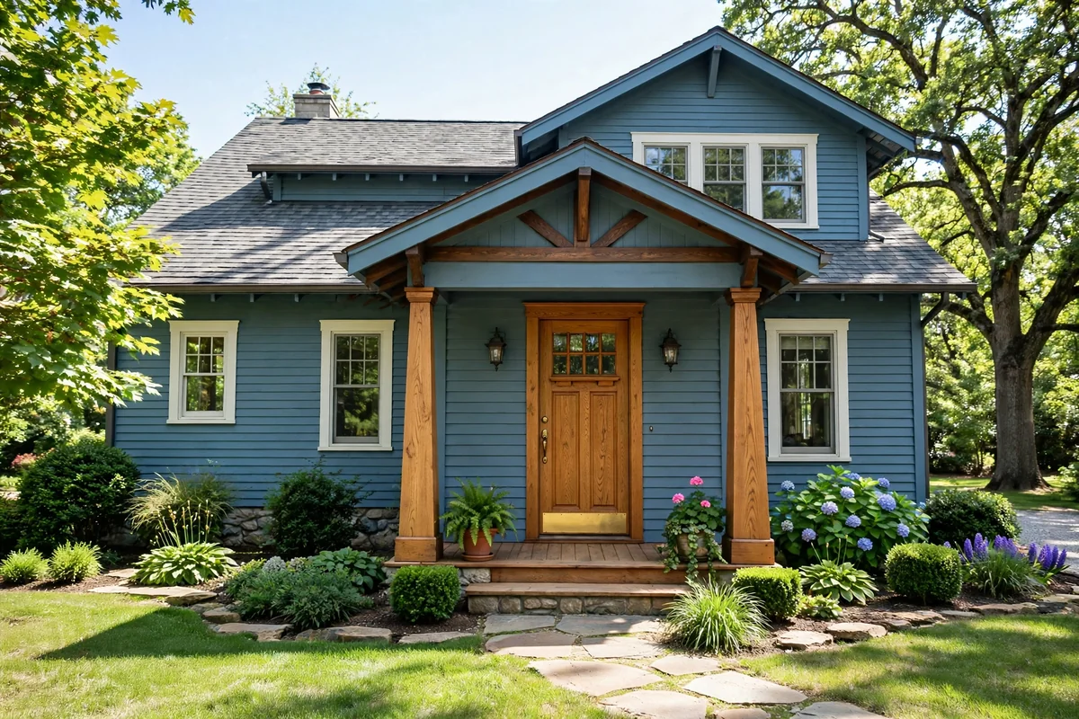 Blue house with a warm natural oak wood front door and craftsman style porch