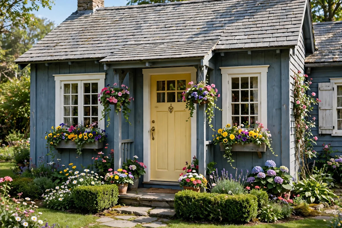 Blue grey cottage with a buttery yellow front door and cheerful entrance with flowers