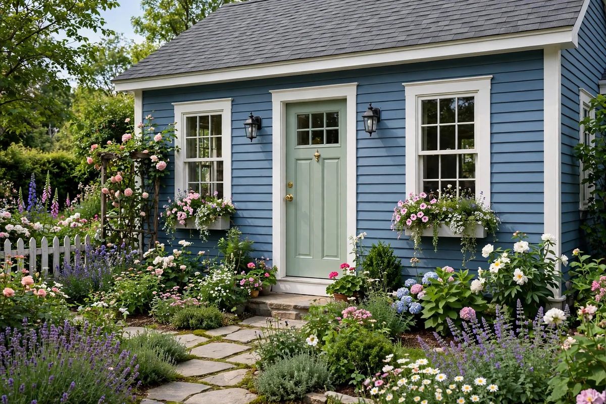 Blue house with a soft sage green front door, white trim and cottage garden