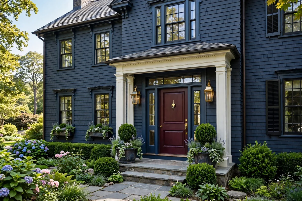 Dark blue house with a deep burgundy front door and elegant mature entrance